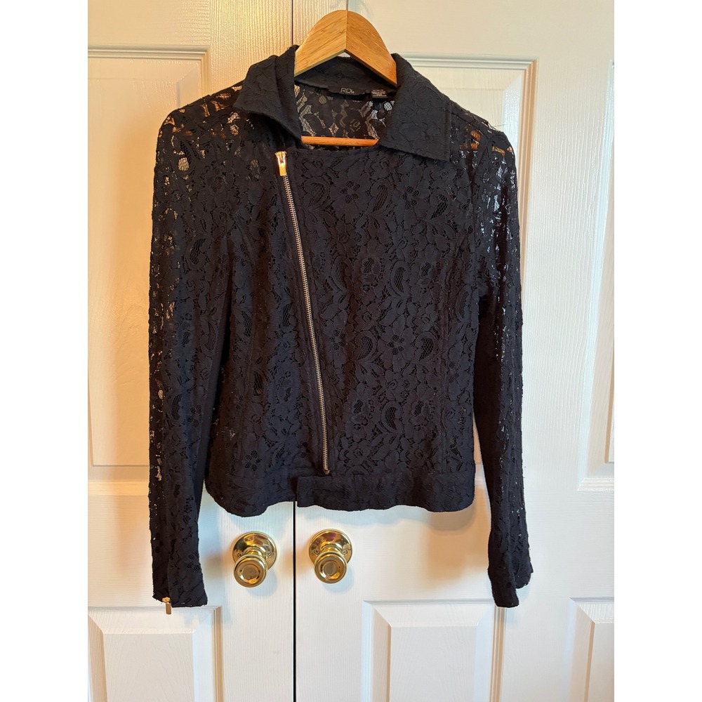 RDI Black Floral Lace Moto Jacket Asymmetrical Zip Zipper Cuffs Small